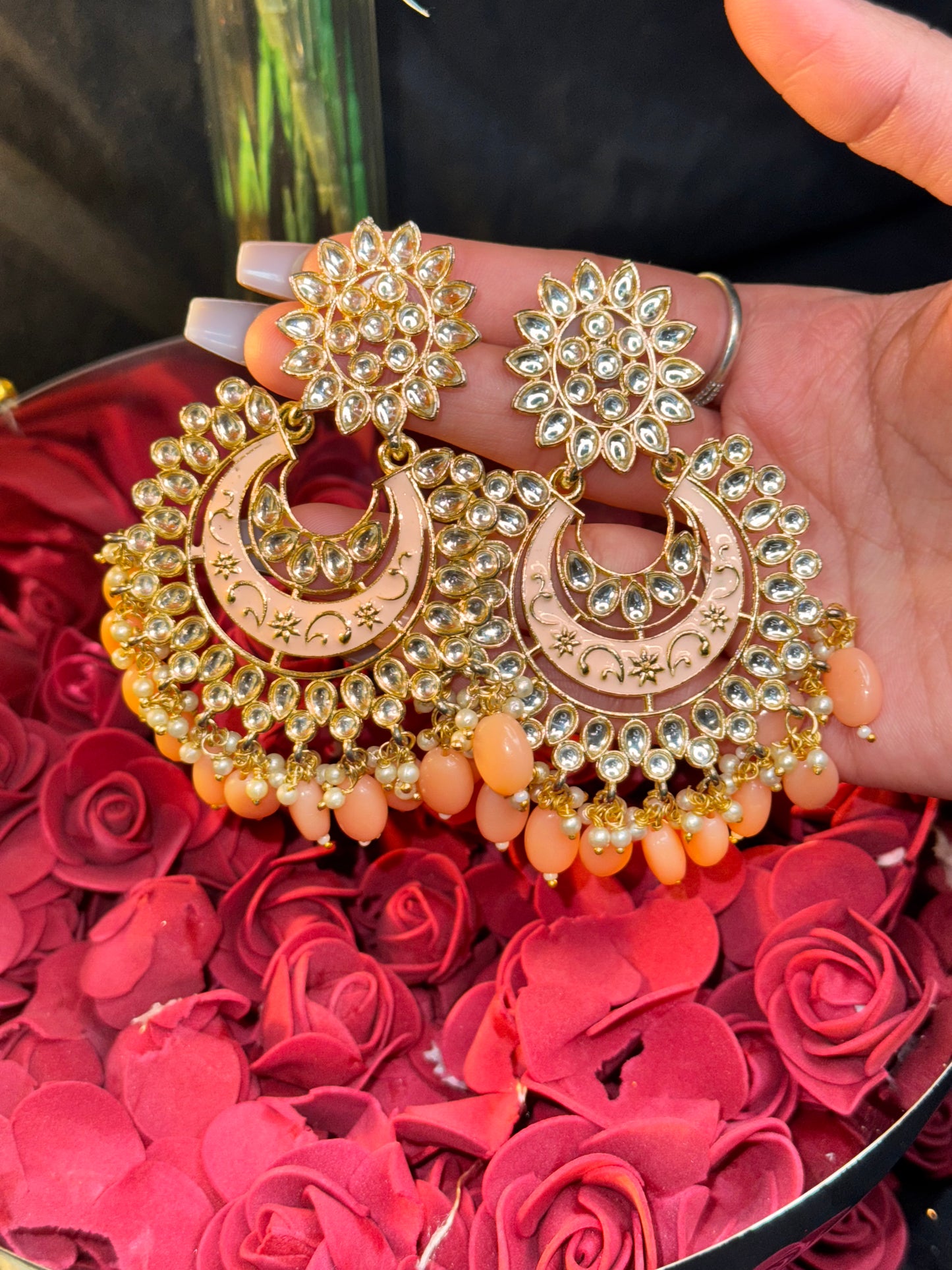 Meenakari Chandbali Floral Pink Earrings With Pearls